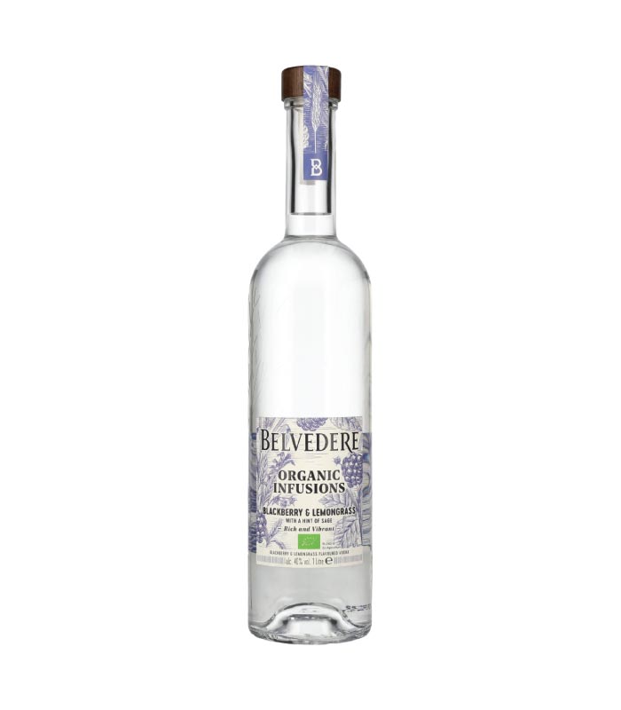 Belvedere Organic Infusions Blackberry & Lemongrass boca s etiketom kupine i limunske trave.