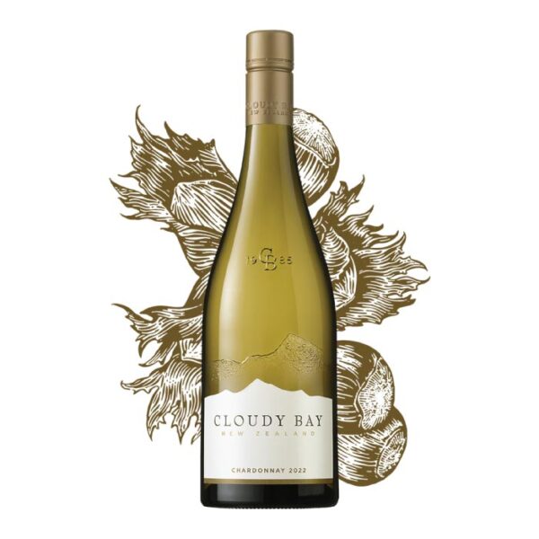 Cloudy Bay Chardonnay boca bijelog vina s etiketom brenda.