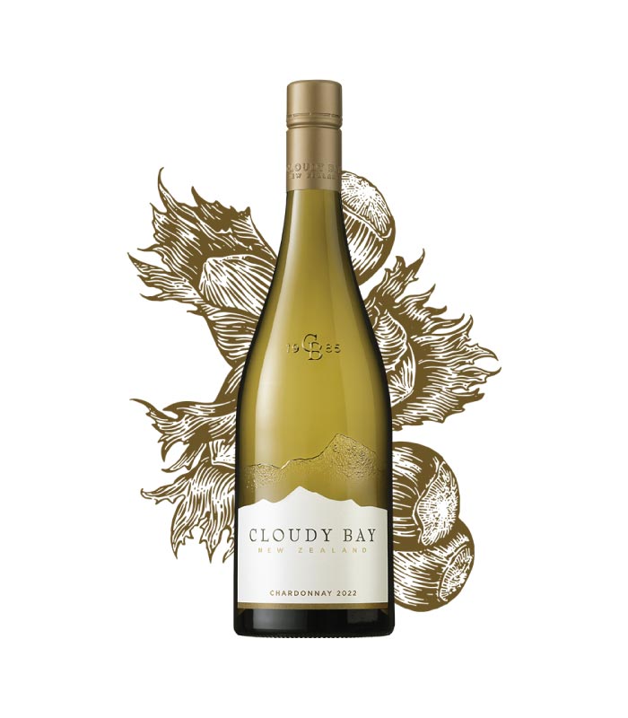 Cloudy Bay Chardonnay boca bijelog vina s etiketom brenda.