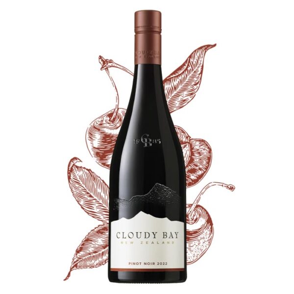 Cloudy Bay Pinot Noir boca crvenog vina s prepoznatljivom etiketom.