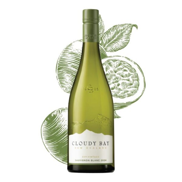 Cloudy Bay Sauvignon Blanc boca bijelog vina s prepoznatljivom etiketom.