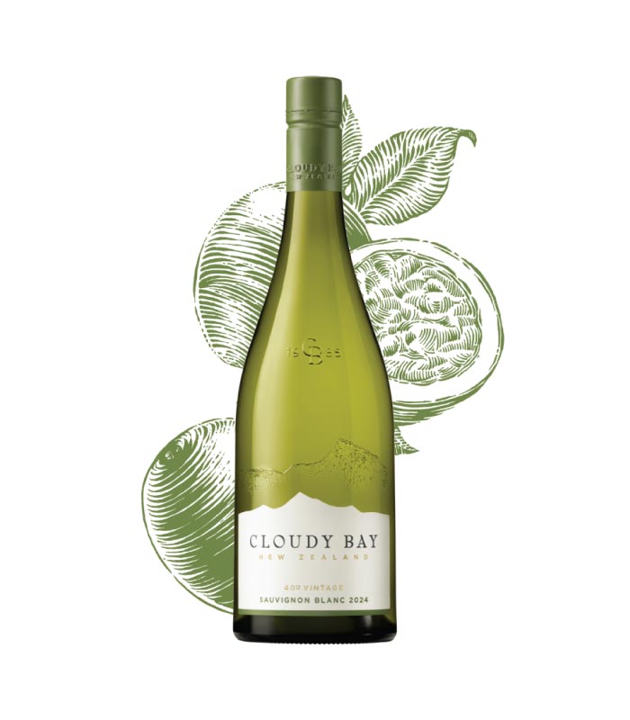 Cloudy Bay Sauvignon Blanc boca bijelog vina s prepoznatljivom etiketom.