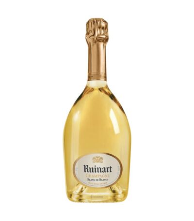 Ruinart Blanc de Blancs boca šampanjca s prepoznatljivom etiketom i oblikom boce.