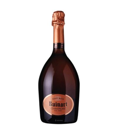 Ruinart Brut Rosé boca šampanjca s prepoznatljivom etiketom i oblikom boce.