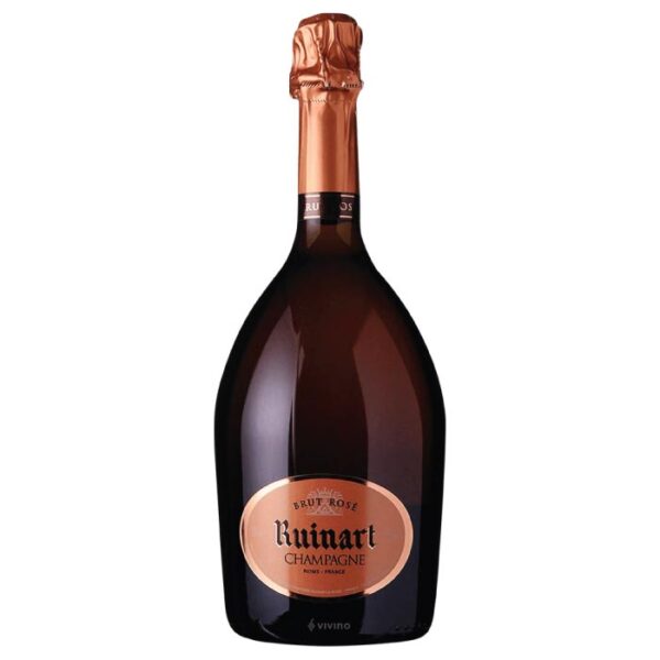 Ruinart Brut Rosé boca šampanjca s prepoznatljivom etiketom i oblikom boce.