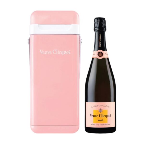 Veuve Clicquot Brut Rosé boca šampanjca u ružičastoj rashladnoj kutiji.