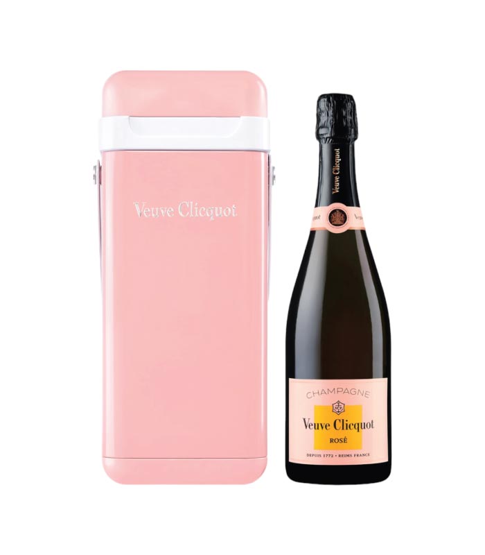 Veuve Clicquot Brut Rosé boca šampanjca u ružičastoj rashladnoj kutiji.