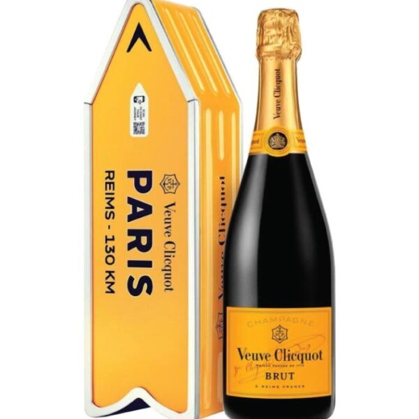 Veuve Clicquot Yellow Label boca šampanjca s prepoznatljivom žutom etiketom.