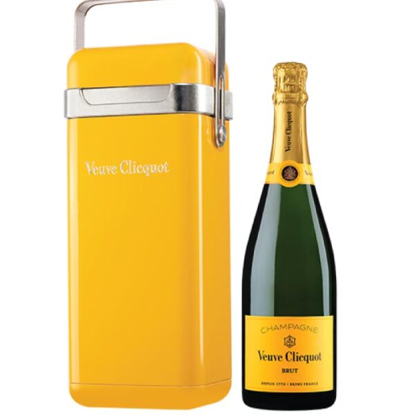 Veuve Clicquot Brut Yellow Label boca šampanjca u žutoj rashladnoj kutiji sa poklopcem.
