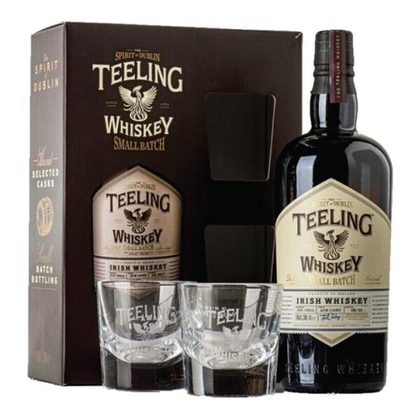 Teeling Small Batch Gift Set kutija sa bocom viskija i čašama.