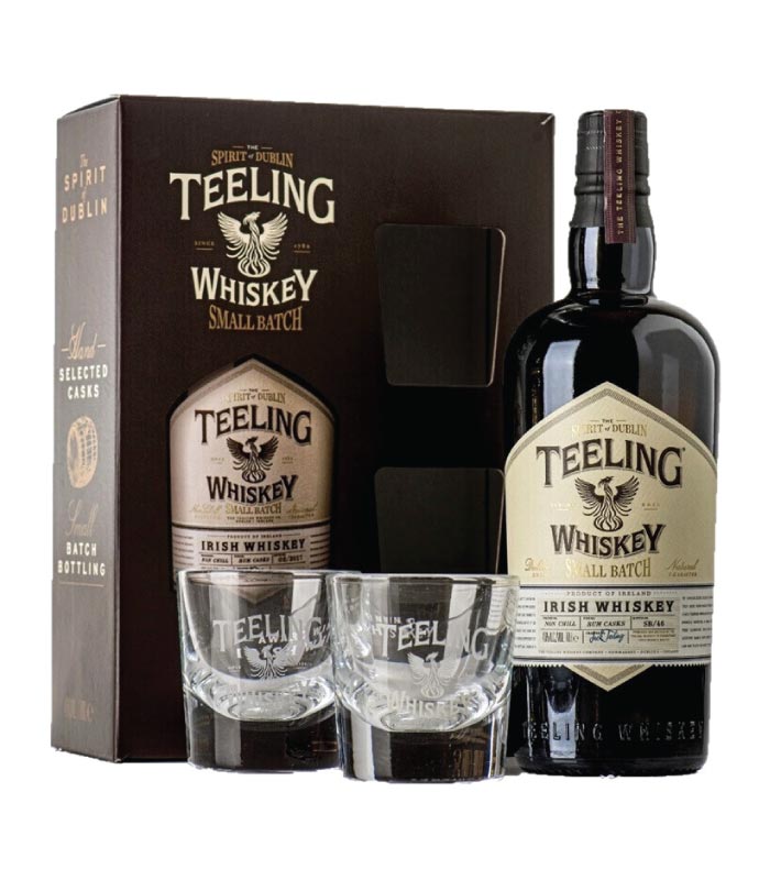 Teeling Small Batch Gift Set kutija sa bocom viskija i čašama.