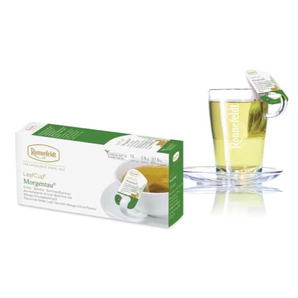 Ronnefeldt LeafCup Morgentau zeleni čaj pakovanje i latice cveća