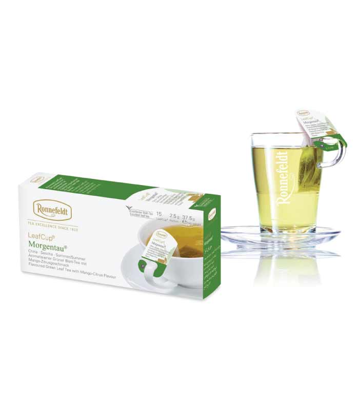 Ronnefeldt LeafCup Morgentau zeleni čaj pakovanje i latice cveća