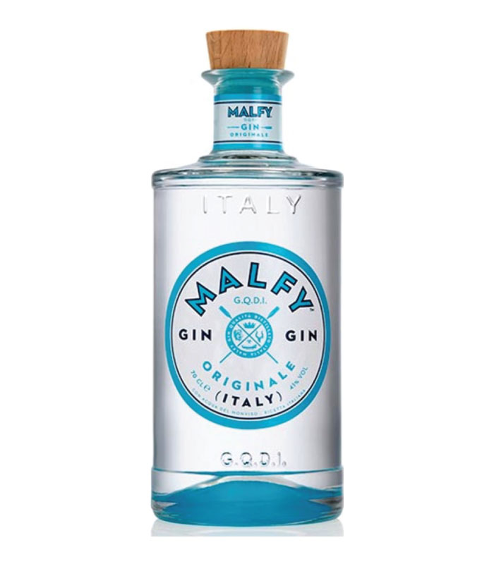 Luksuzna boca Malfy Gin Originale sa plavim detaljima i puno leda