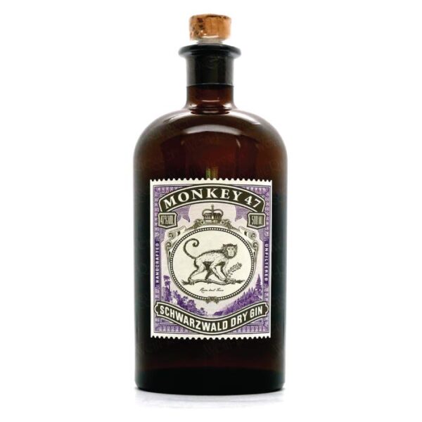 Karakteristična mala apotekarska boca Monkey 47 džina sa plutanim čepom i markicom