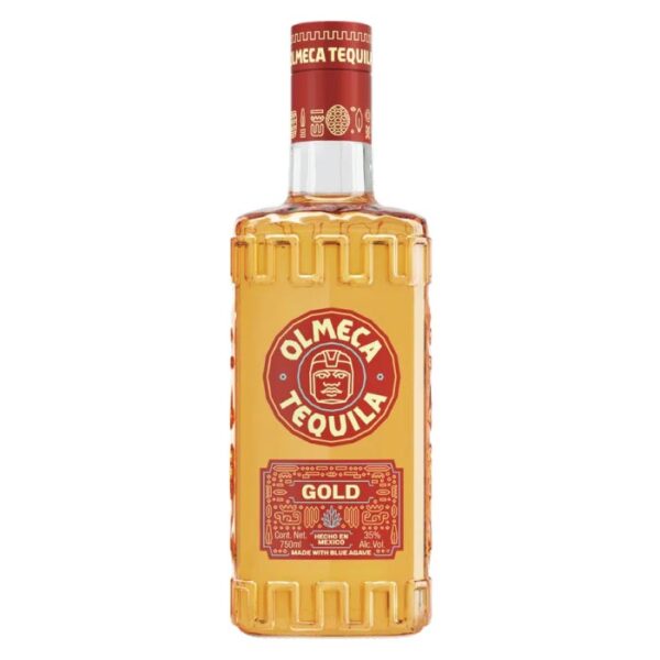 Boca Olmeca Gold tequile zlatne boje sa prepoznatljivim asteškim gravurama